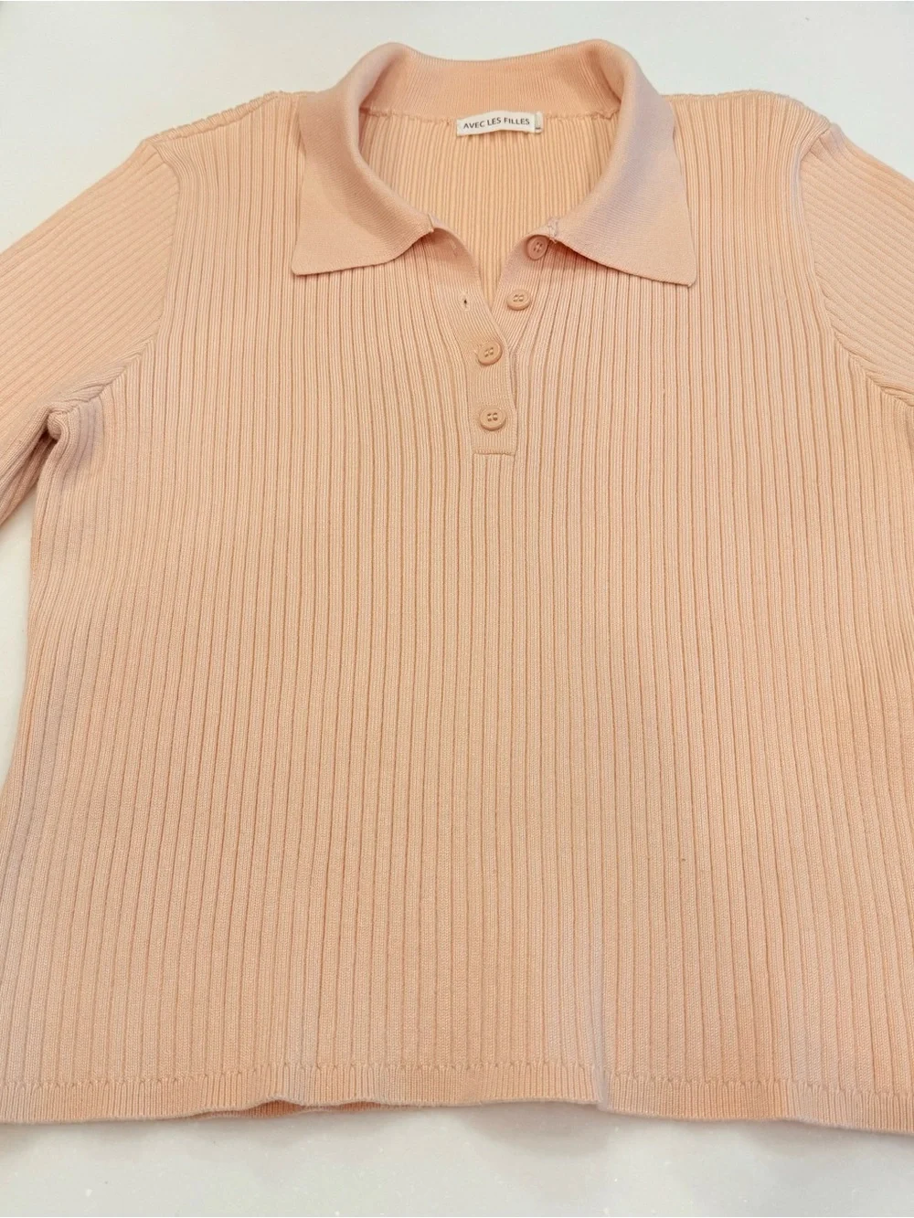 Avec Les Filles Light Peach Ribbed Knit Polo Collared Women’s Sz XL EUC